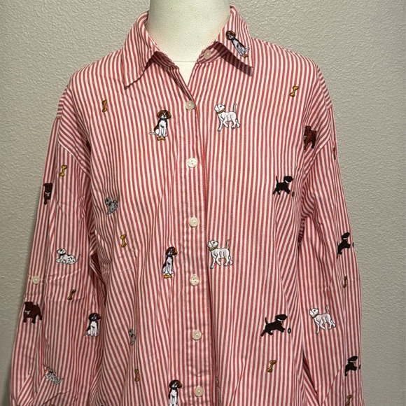 Teddi Vintage Red & White Striped Button Up Shirt With Dog Embroidery - Picture 2 of 7